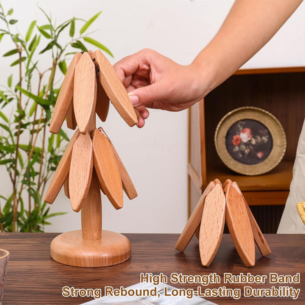 OKOM Wooden Trivets for Hot Dishes - 4+ Tree Shape Set, Foldable Hot Pot Holders Decor and Use (Beech) - Set of 5