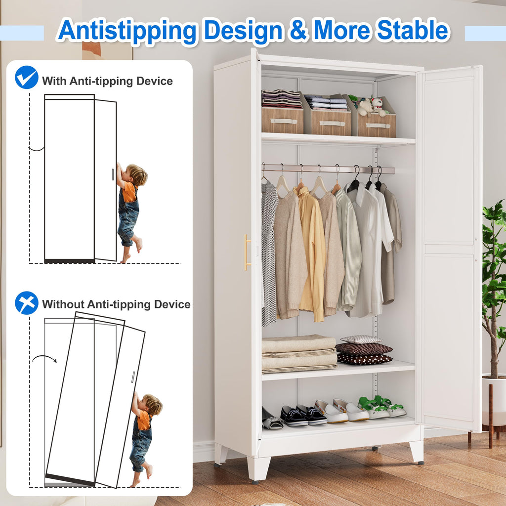 71" Metal Armoire Wardrobe Closet, Bedroom Clothing Storage Cabinet with Hanging Rod, Freestanding White Armoire