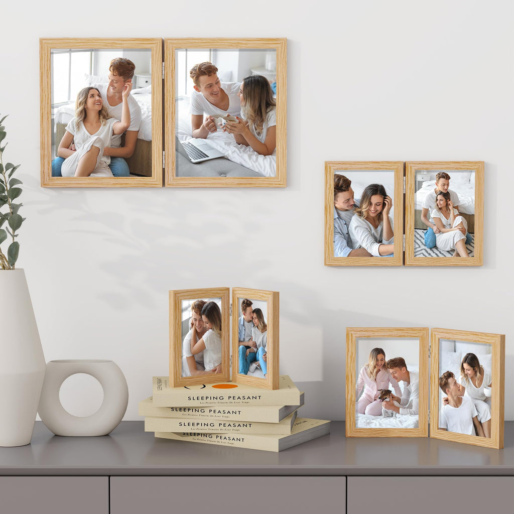 4x6 Double Picture Frame - Solid Oak Wood Vertical Hinged 4x6 Photo Frame 2 Opening Folding Family Frames Collage