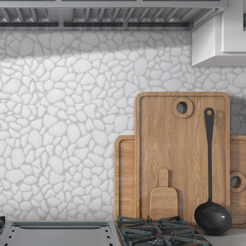 Pebble Tile for Shower Floor Border Kitchen Bathroom Backsplash, White Recycled Glass Marble Stone Looks