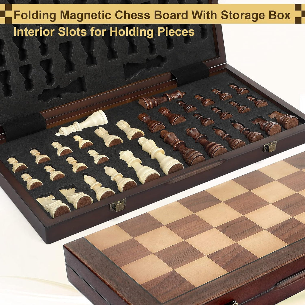Magnetic Wooden Chess Set for Adults Kids 15'' Chess Board with Handmade Pieces, Folding Portable Travel Unique Chess