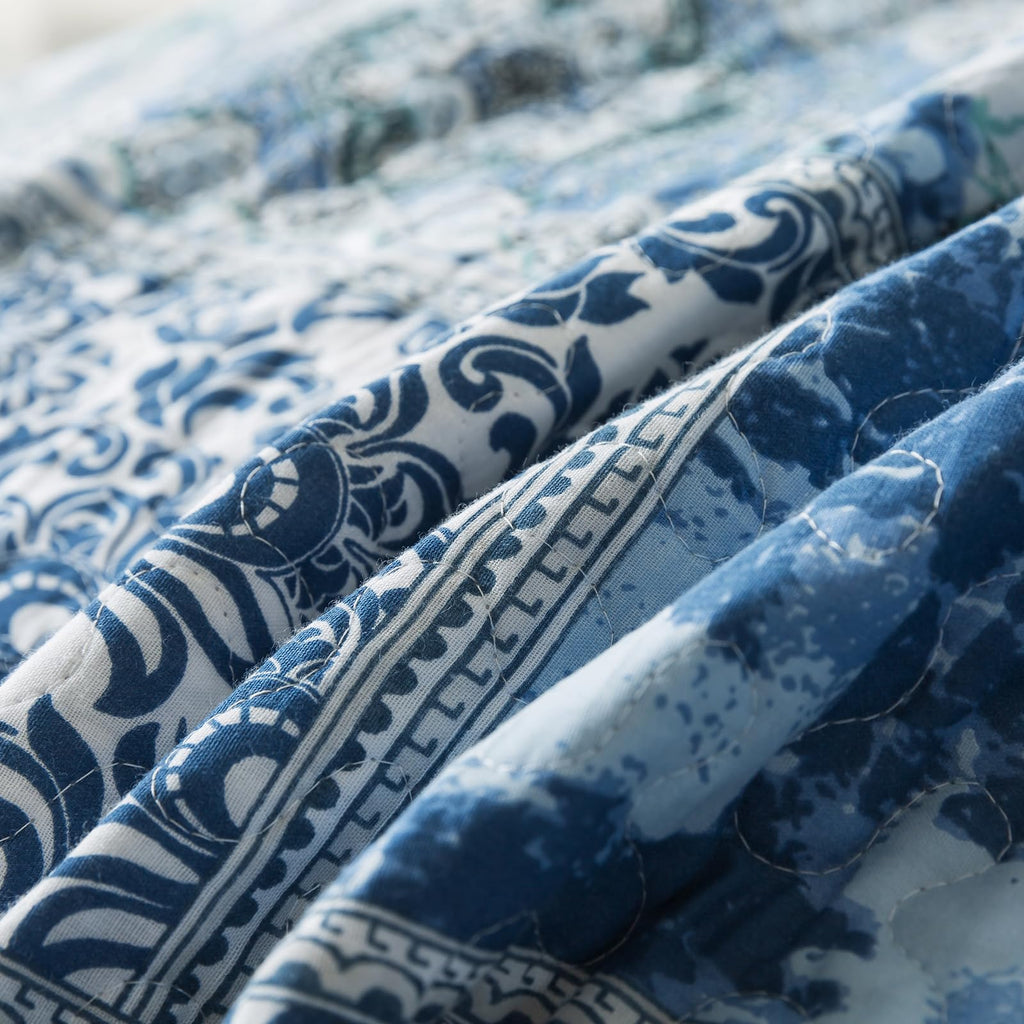 Cotton Bedspread Quilt Sets-Reversible Patchwork Coverlet Set, Blue Classic Bohemian Pattern