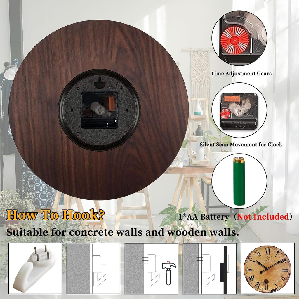 Rustic Large Wall Clock Silent Battery Operated for Farmhouse Livingroom,24 Inch Vintage Wall Clock Non-Ticking for Kitchen Bedroom Home School