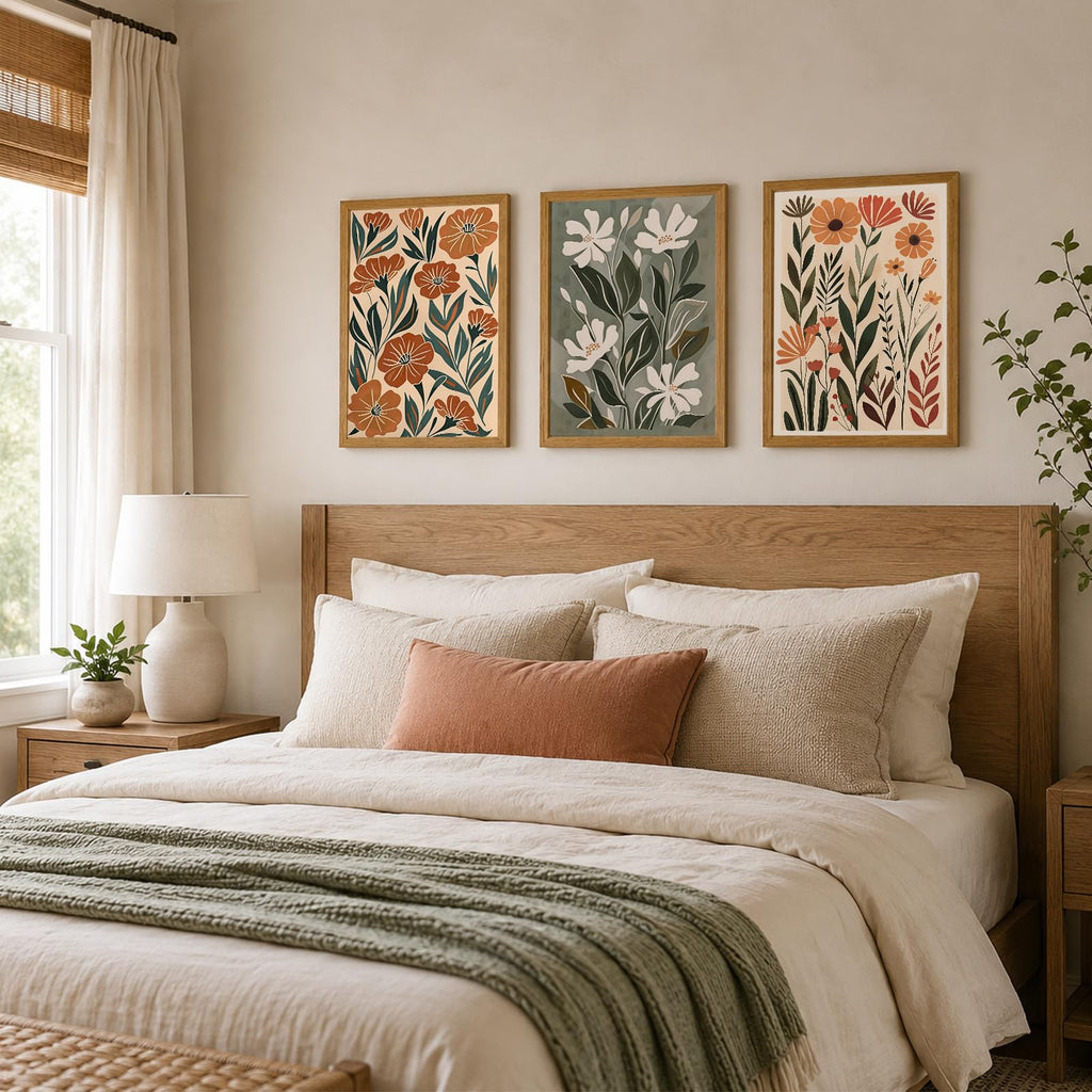 3 Piece Framed Floral Wall Art Mid Century Canvas Prints Boho Picture Decor