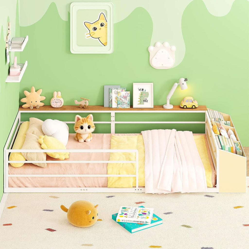 Twin Montessori Floor Bed Frame with Storage | Storage Organizer and Side Shelf, High Guardrail and Wide Entrance, No