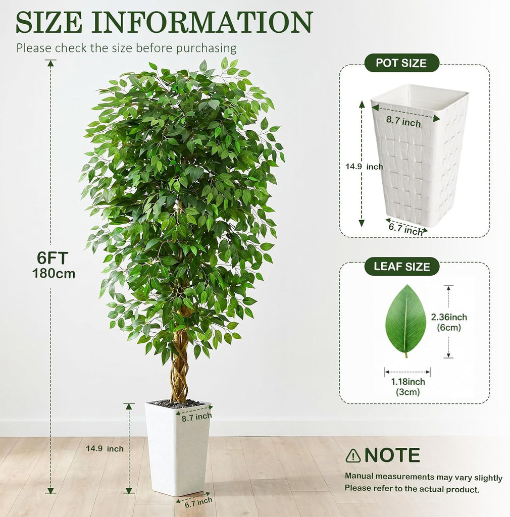 Artificial Ficus Tree 6FT Faux Floor Tree with Planter UV Resistant Potted Fake Silk Plant - Indoor Outdoor Lifelike