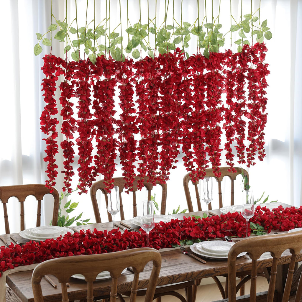 6Pcs Red Wisteria Hanging Flowers 48" Silk Wisteria Artificial Flowers Garland Vines Fake Hanging Flowers Decoration