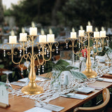 15.3in Gold Candelabra Centerpieces for Tables, 5 Arm Crystal Candelabra for Pillar Candles, Metal Candelabra Candle