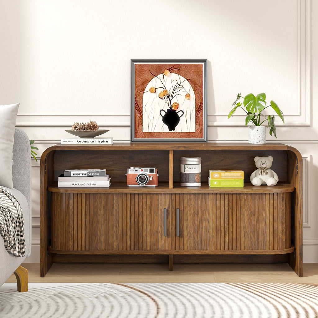 Small TV Stand, Low Fluted TV Console for 40 43 Inch, Mid Century Modern Entertainment Center with Sliding Doors