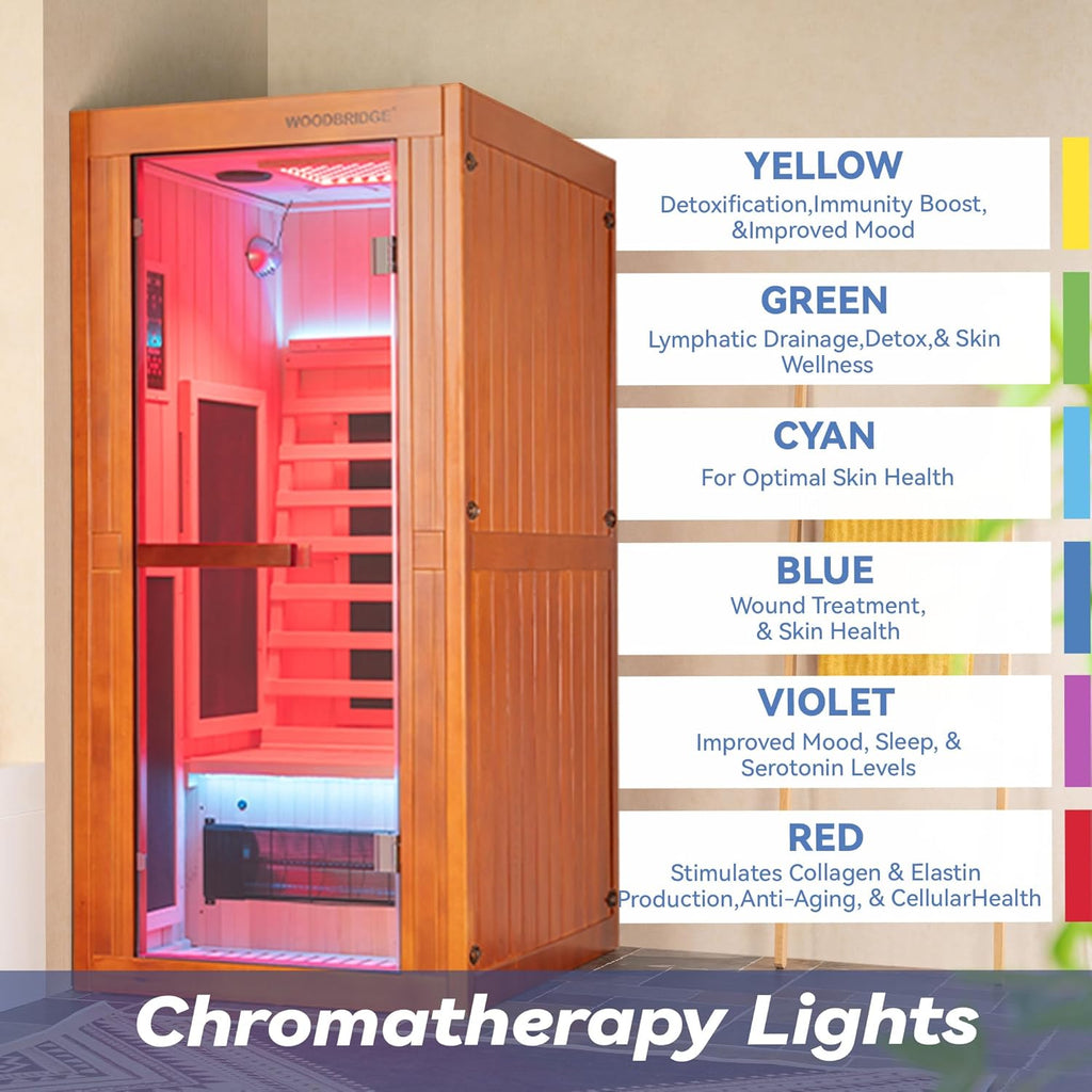 Infrared Home Sauna Room 1 Person Japanese Cedar Indoor Sauna with 7 Carbon Heaters, Red Light Therapy