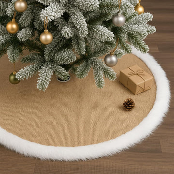 35.4'' Christmas Tree Skirt, Rustic Burlap White Faux Fur Trim Tree Skirt Simple Plain Burlap & Soft Thick Plush