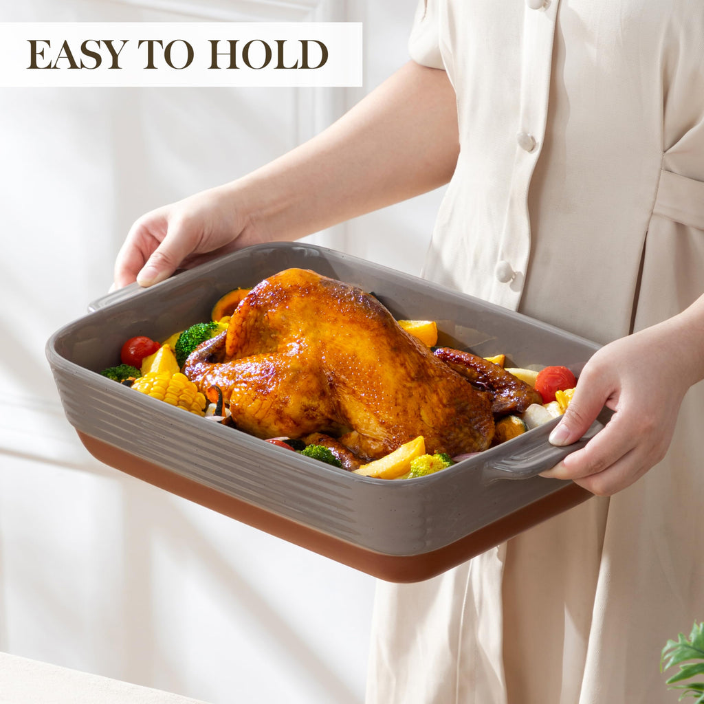 Large 9x13 Ceramic Baking Dish with Handles, 4.8 Qt, Khaki & Brown