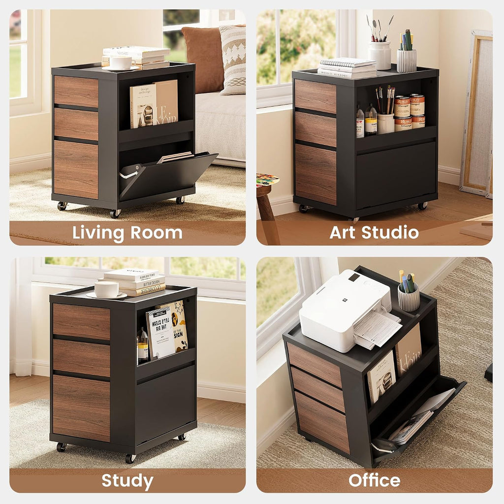 Mobile File Cabinet Under Desk with 3 Drawer, Office Storage Cabinet | Rolling Wood Printer Stand w/ Unique Side