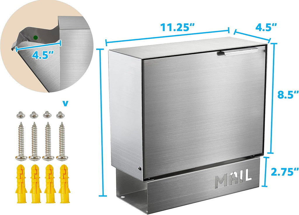 Stainless Steel Mailbox for Walls, Heavy Duty Wall Mounted Mailbox with Newspaper Holder - Silver