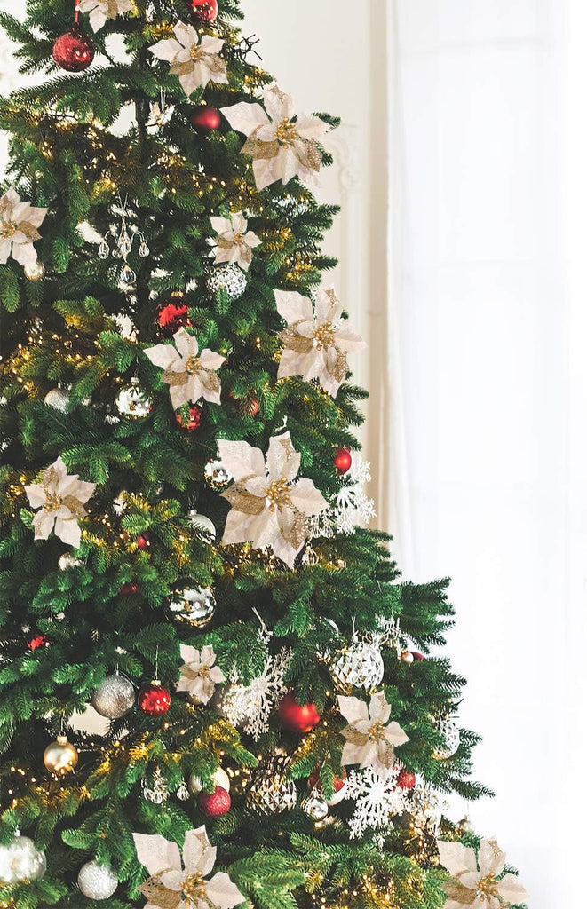 Christmas Artificial Glitter Poinsettia Flowers Xmas Flowers Wedding Christmas Tree New Year Ornaments(Gold) - Set of 24