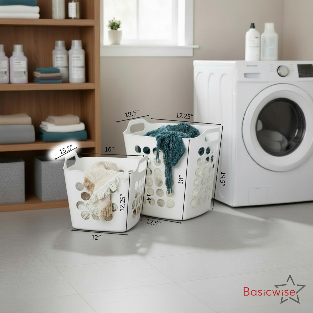 Set of 2 Plastic Laundry Baskets with Handles Large & Small Ventilated Hampers for Clothes Storage & Organization