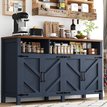 Buffet Sideboard with Storage Farmhouse, Large Kitchen Storage Cabinet Wood Coffee Bar Cabine Buffet, 55in, Blue