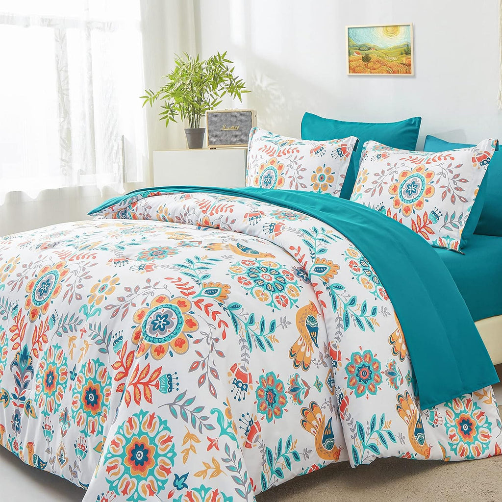 Boho Comforter Set Queen - 7 Pieces Bed in a Bag Floral Medallions Design, Bohemian Comforter Set with Sheets