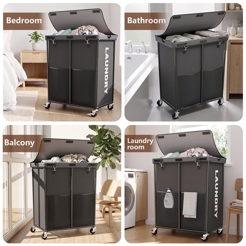 Hamper with Wheels and Lid, 225L Large Rolling Laundry Basket Gray