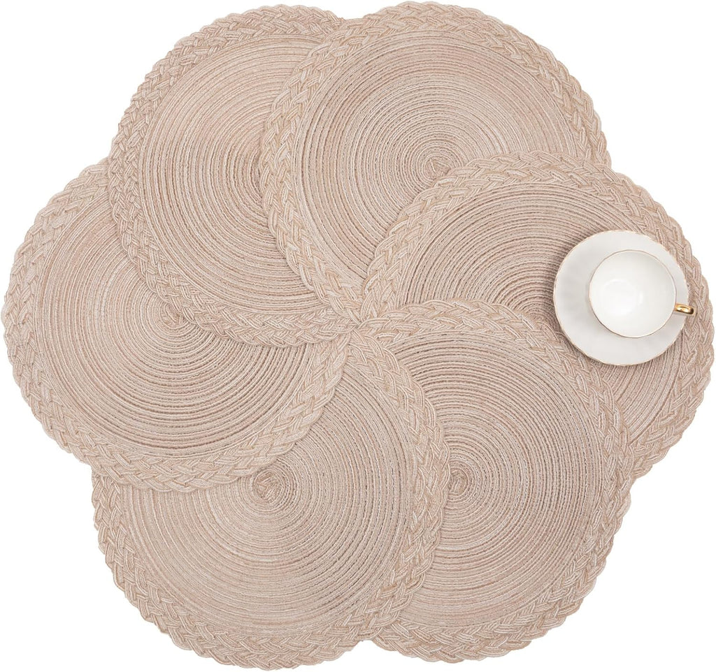 Round Placemats Boho Braided Border 15 inch Circle Place Mats Washable Fabric Table Mats Dining Table, Beige - Set of 4