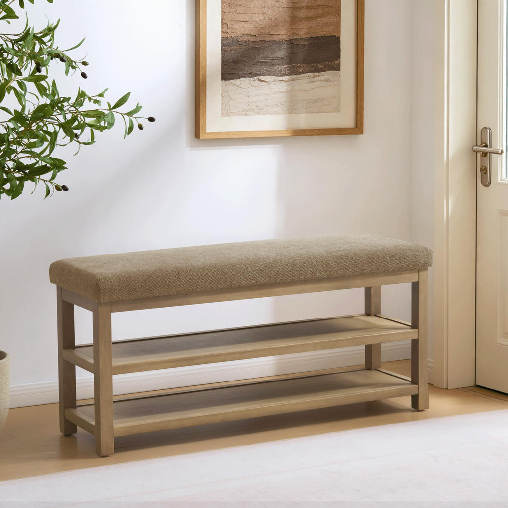 Shoe Rack Bench with Cushion, 2 Tier Solid Wood Storage Bench, Mid-Century Modern Shoe Bench, Closet, Front Door