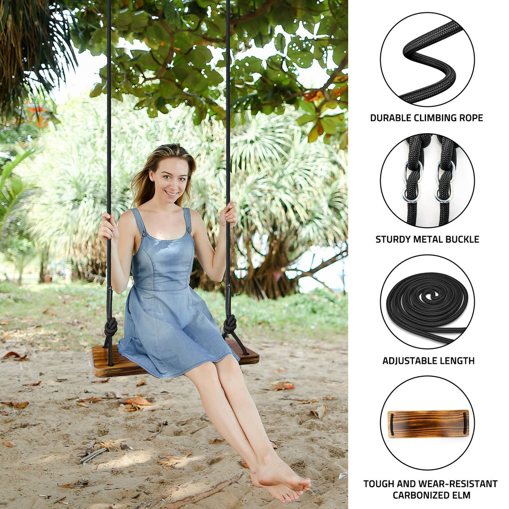 Carbonized Wooden Tree Swing with Adjustable Climbing Rope & Tree Straps