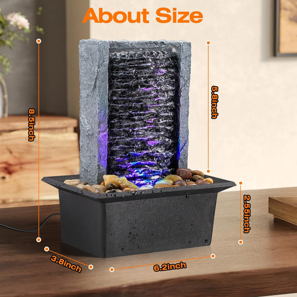 Tabletop Fountain Indoor Waterfall Rock Fountain LED-Lights Water Feature Waterfall for Modern Home and Office Indoor