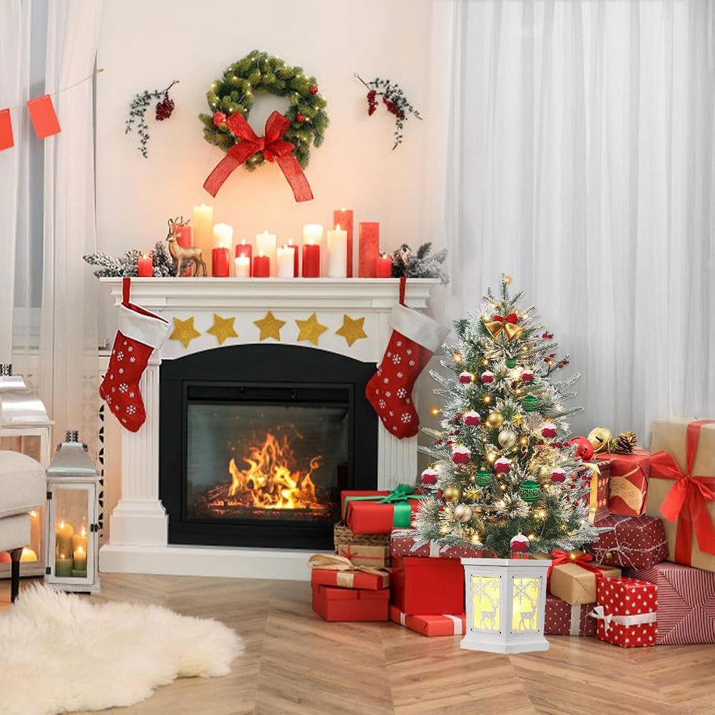 Pre-Lit Artificial Mini Christmas Tree, 3FT Small Flocked Christmas Tree