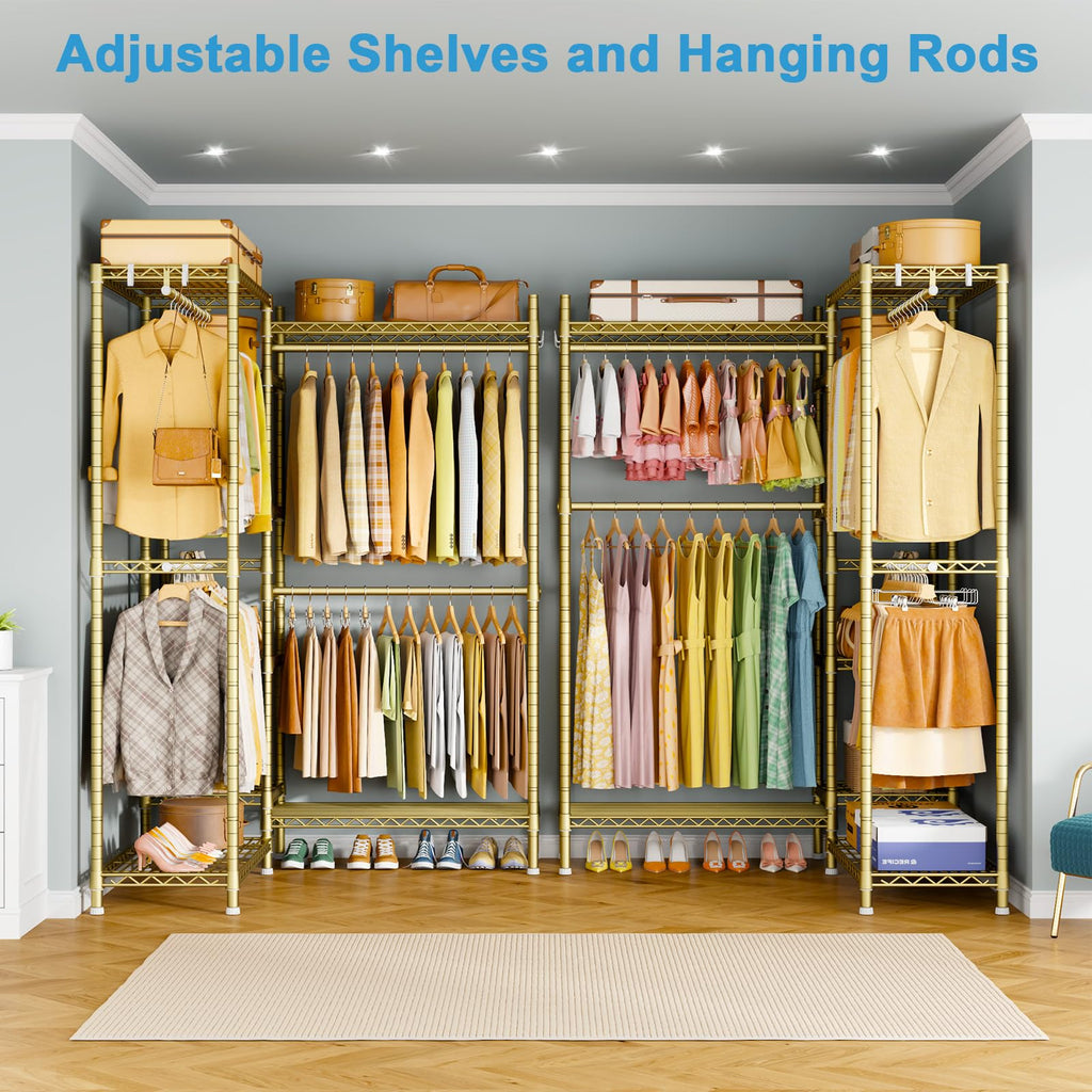 E4L Corner Clothes Rack, L Shaped Garment Rack, Heavy-Duty Freestanding Closet System with Shelves and Hangers, Max