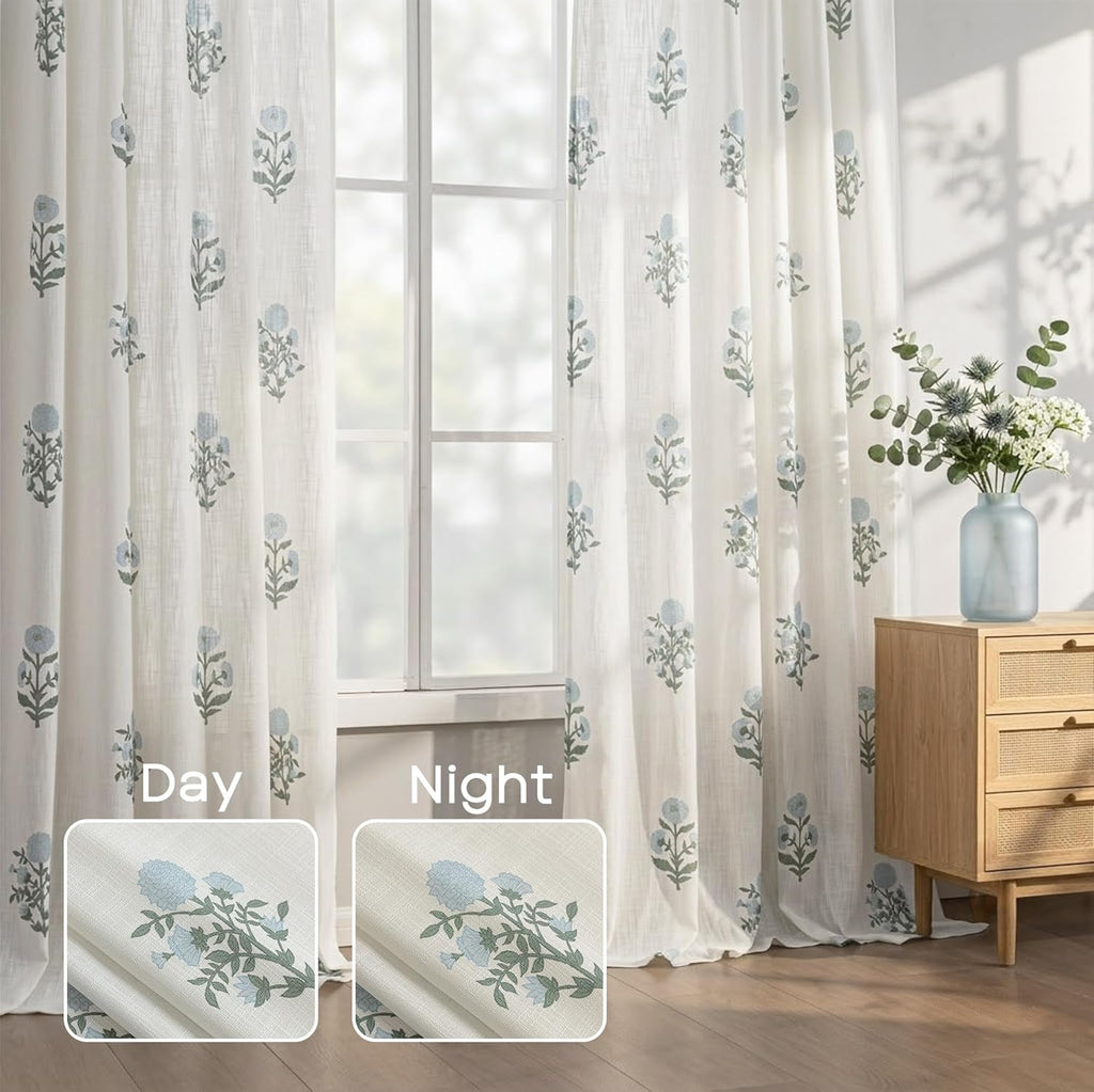 Pinch Pleated Floral Linen Curtains, 108 Inch Floor to Ceiling Pleat Drapes for Track System, 9FT Long Semi Sheer