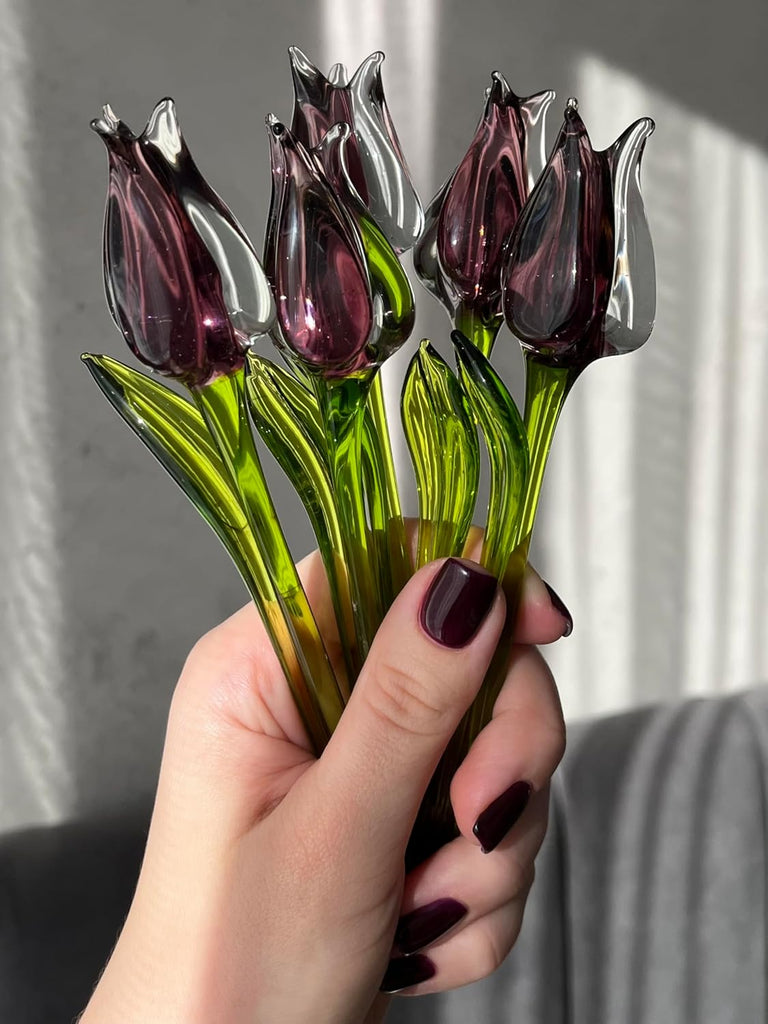 Purple Glass Tulip Flower Figurine - Hand-Blown Murano-Style Sculpture - Art Glass Tulip Ornament for Vase or Planter