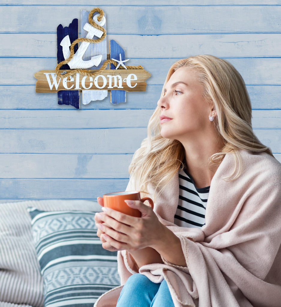 Atlantic Anchor Welcome Nautical Decor Sign - Nautical Themed Wood Sign, Beach Decor for Wall, Novelty White and Blue