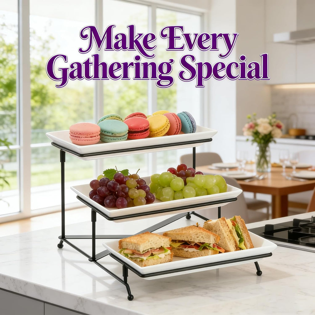 3 Tier Serving Tray, 12" White Plastic Tiered Food Serving Platters, Reusable Tray Stand Black Collapsible Metal