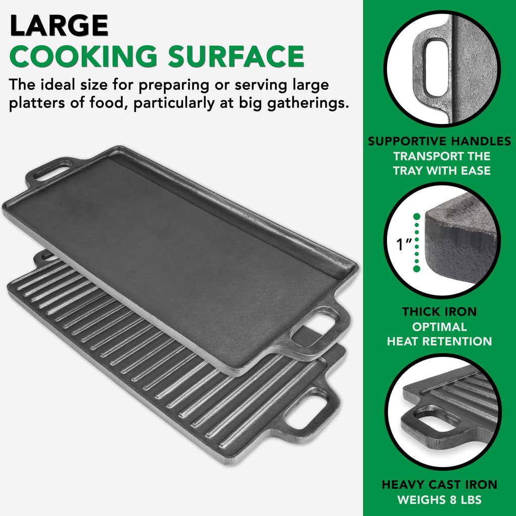 2-in-1 Reversible 19.5" x 9" Cast Iron Griddle with Handles, Preseasoned & Non-Stick for Gas Stovetop, Oven and Open