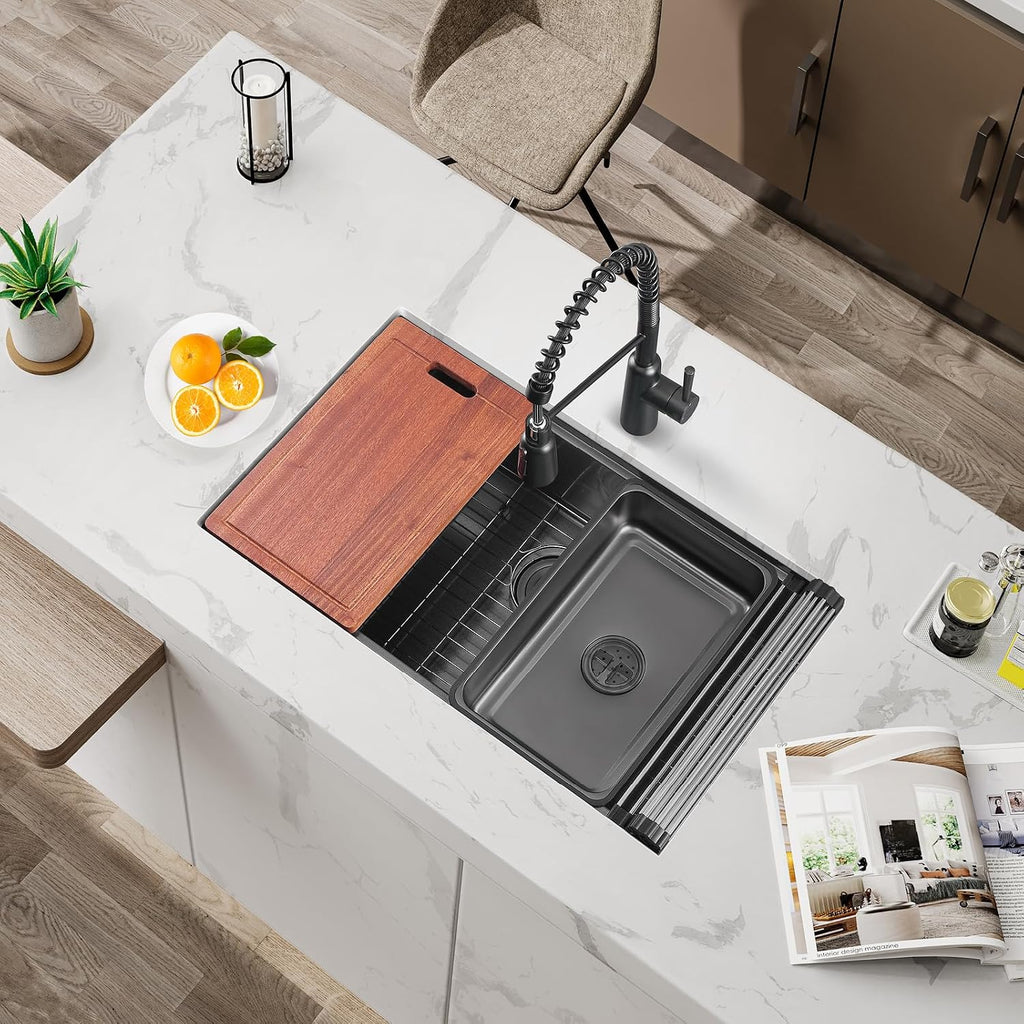 32 Inch Black Workstation Undermount Large Single Bowl Kitchen Sink | 32x19 Inch, Nano Black Stainless steel