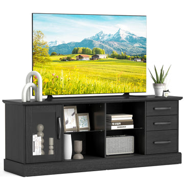 Farmhouse TV Stand for 73 Inch TV, Wood TV Console Table w/Removable Glass Shelves, Cable Management Holes & Drawers