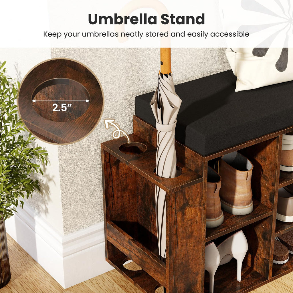 Shoe Storage Bench with Umbrella Stand, 10-Cubby Entryway Shoe Rack Organizer with Padded Seat, Adjustable &