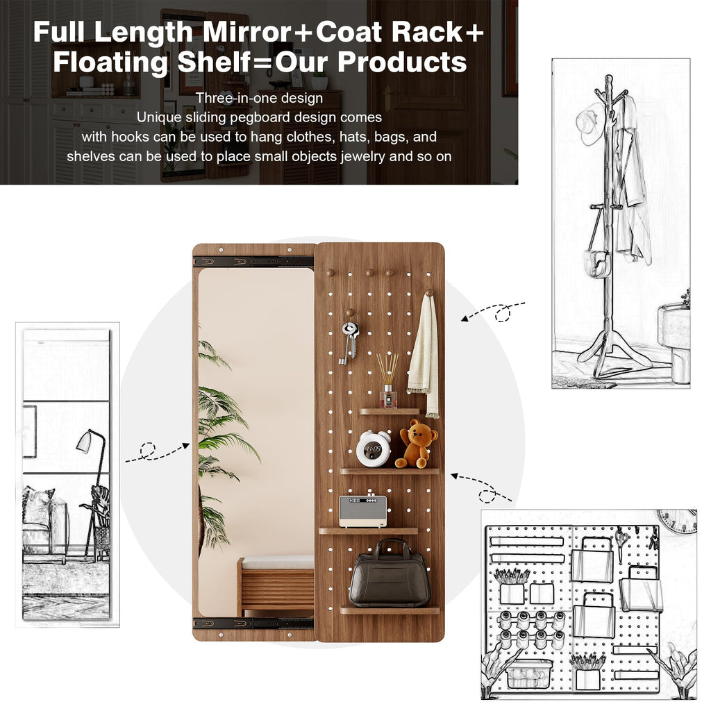 Wood Pegboard with Full Length Mirror Wall Mounted, Entryway Hanging Sliding Mirror with Adjustable Hooks and Shelf