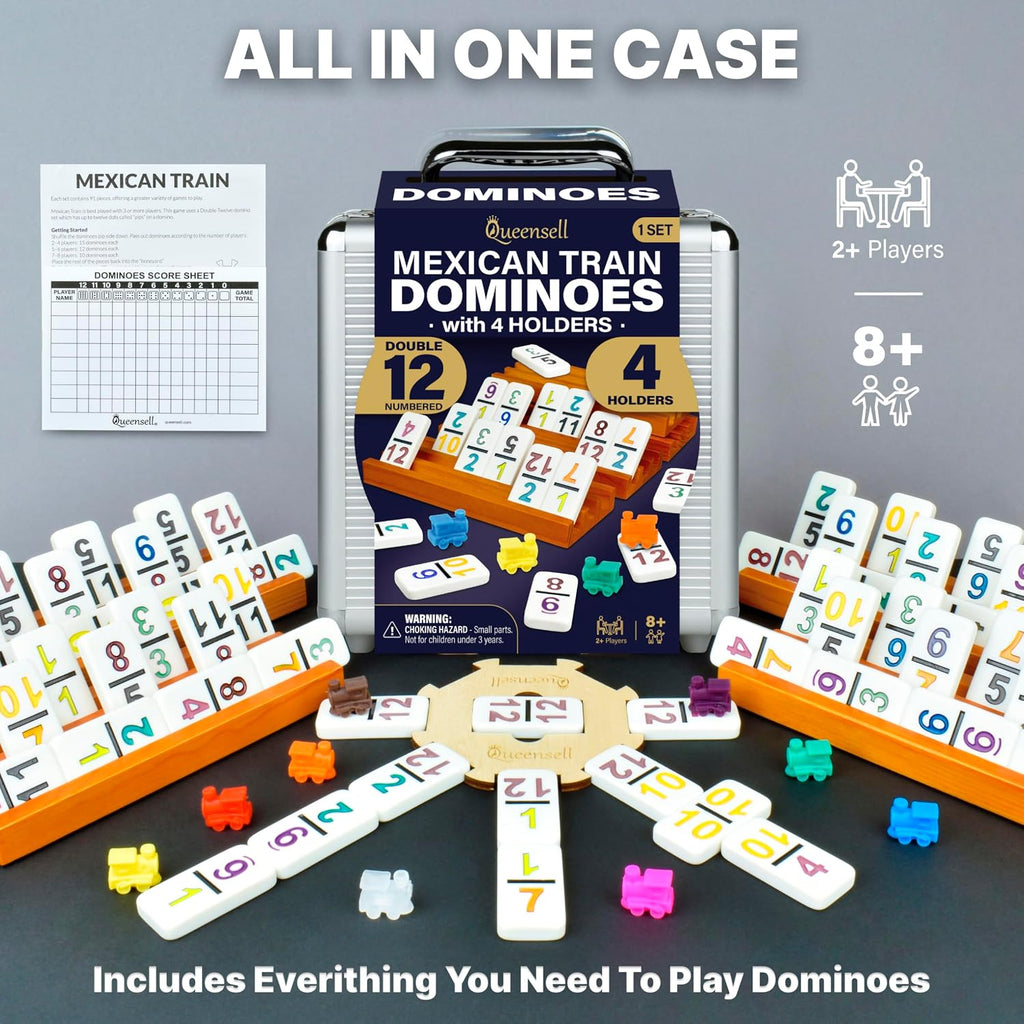 Mexican Train Dominoes Set with Numbers and 4 Holders - Wooden Hub and Domino Holders - Double 12 with Numbers (D12