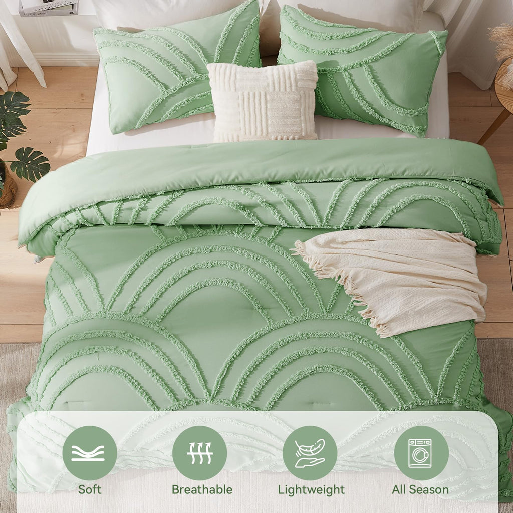 Green Boho Comforter Set Queen - Queen Size Comforter Sets, 3 Pieces Boho Tufted Rainbow Bedding Comforters for All