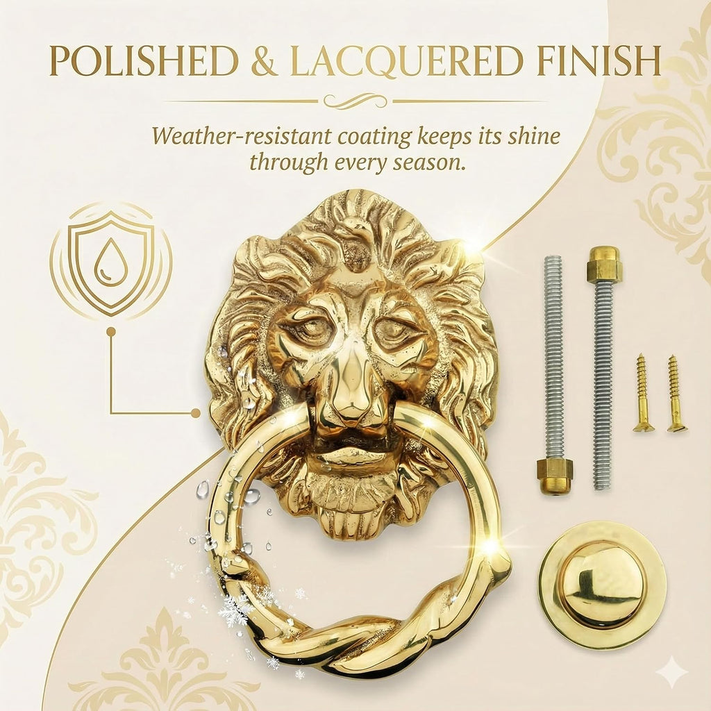 Solid Brass Lion Door Knocker Polished Brass Finish 6.25 inches Front Entry Hardware