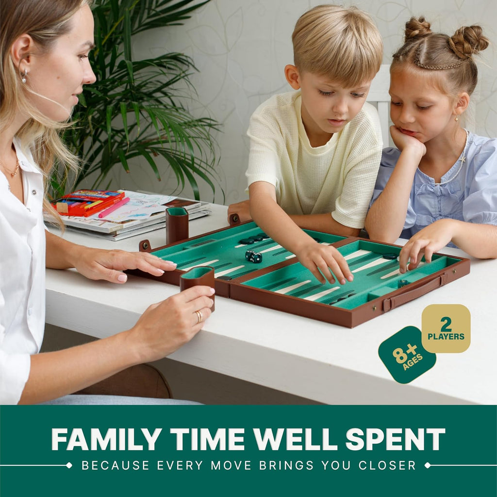 Backgammon Sets for Adults 15 Inch - Premium Faux Suede Leather Backgammon Board Game Set with 32 Chips, Dice Cups &