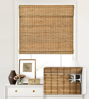 No Tools No Drill Cordless Bamboo Roman Shades, Light Filtering Window Treatment, Roll Up Bamboo Blinds for Windows