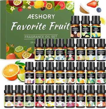 Fruity Essential Oils Set - Top 28 Fruit Fragrance Oil for Candle Making, Diffusers - Strawberry, Apple, Pineapple - Set of 28