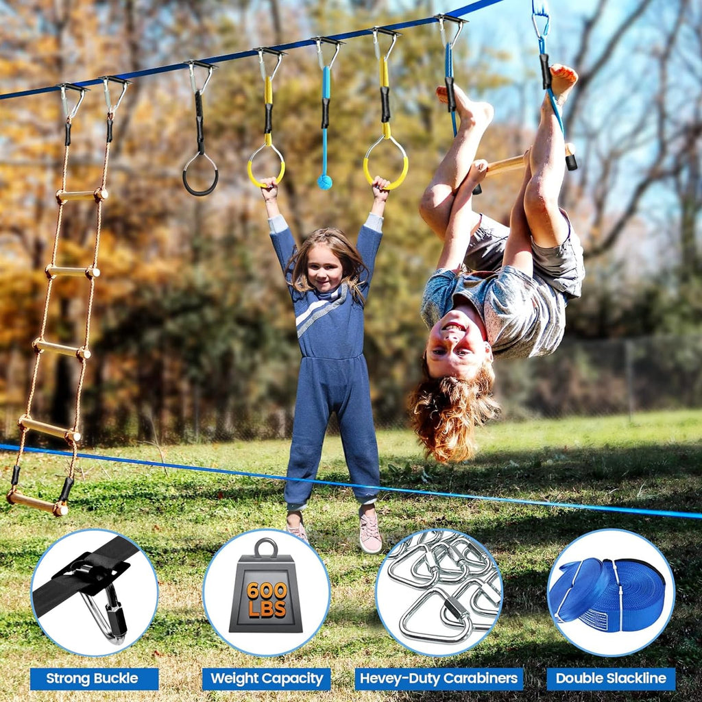 Warrior Obstacle Course for Kids, 2×56ft Slackline Kit with 8 Ninja Accessories+Fast-Setup Buckles- Monkey Bar, Rope