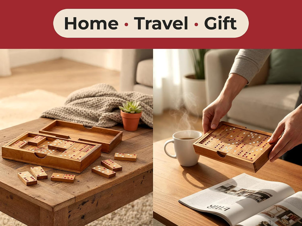 Wood Dominos Set for Adults Double 6 Classic Thick Wooden Professional Colored Dominoes Game Travel Portable Six