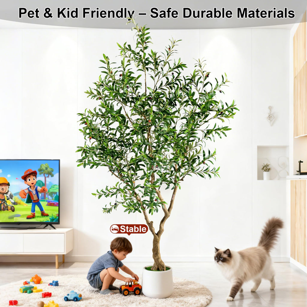 8FT Faux Olive Tree with Tall Exquisite Planter Artificial Olive Tree Tall, Potted Fake Olive Plant with 2070 Real
