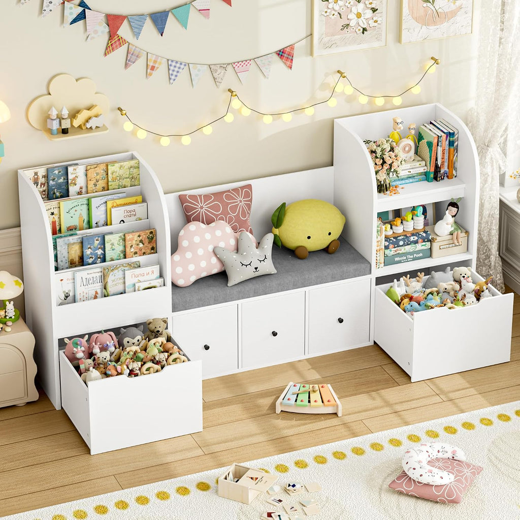 Kids Bookshelf with Reading Nook, Toy Organizer with Seat Cushion | 71'' Kids Bookshelf with 2 Movable Drawers and 3