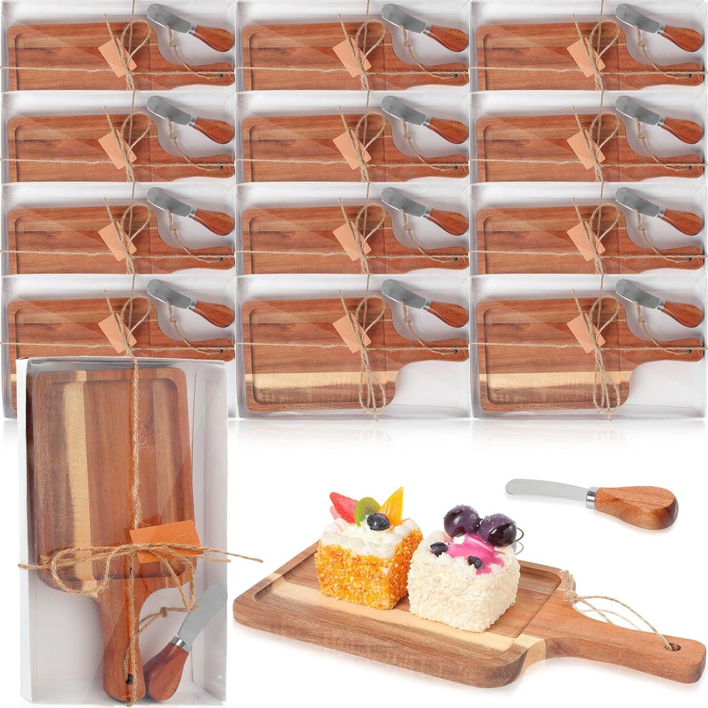 12 Set Acacia Wood Charcuterie Board with Knife Wooden Serving Tray with Groove Acacia Wood Cutting Board with Gift