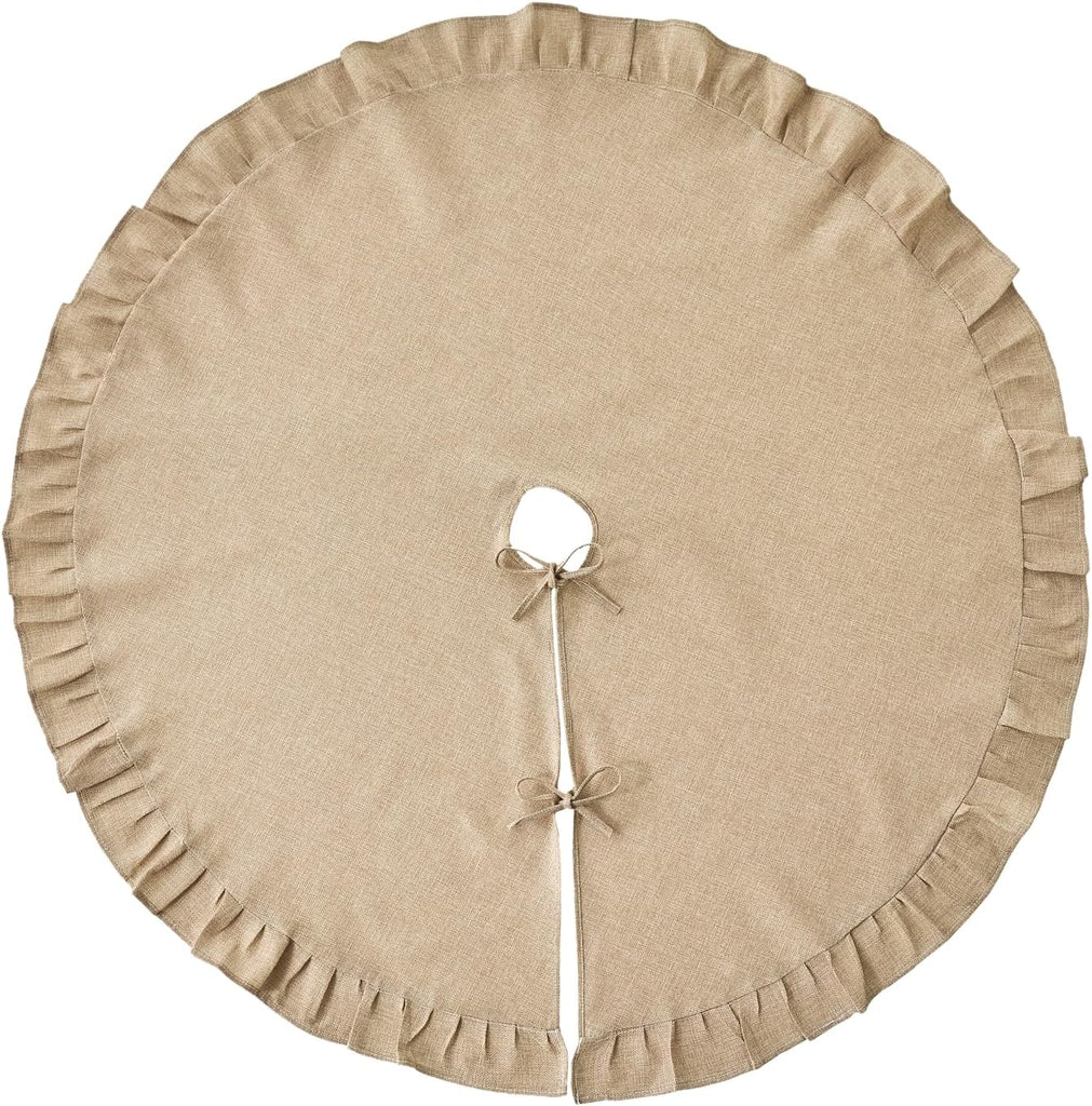 Christmas Tree Skirt Linen Burlap with Ruffle Edge 36 Inch, Natural Farmhouse Rustic Christmas Tree Skirt Collar